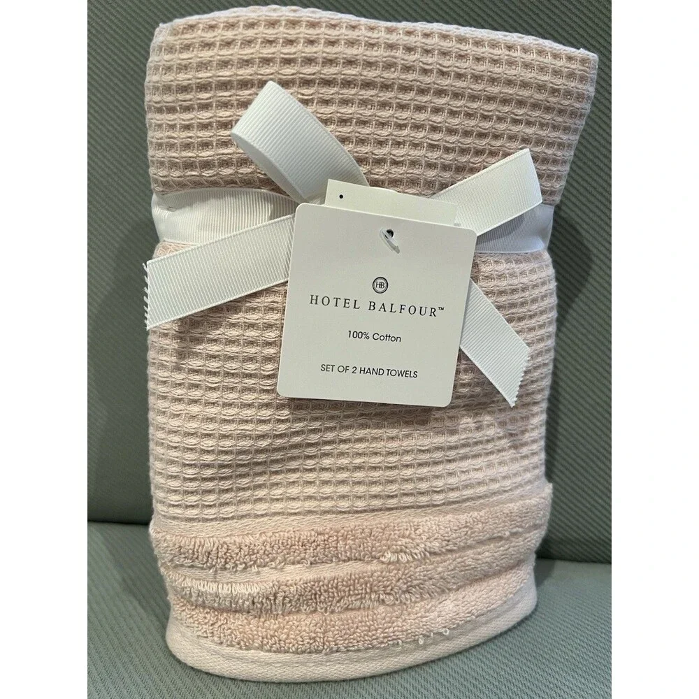HOTEL BALFOUR Bath Hand Towels 100% Cotton Pink Blush Textured SET OF TWO New